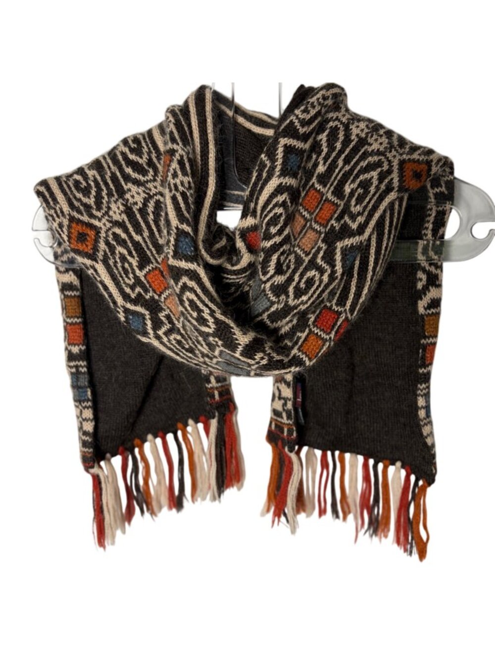 Intiwara Womens Alpaca Knit Scarf Aztec Print Brown Blue Double Layer Warm Boho - Picture 3 of 10